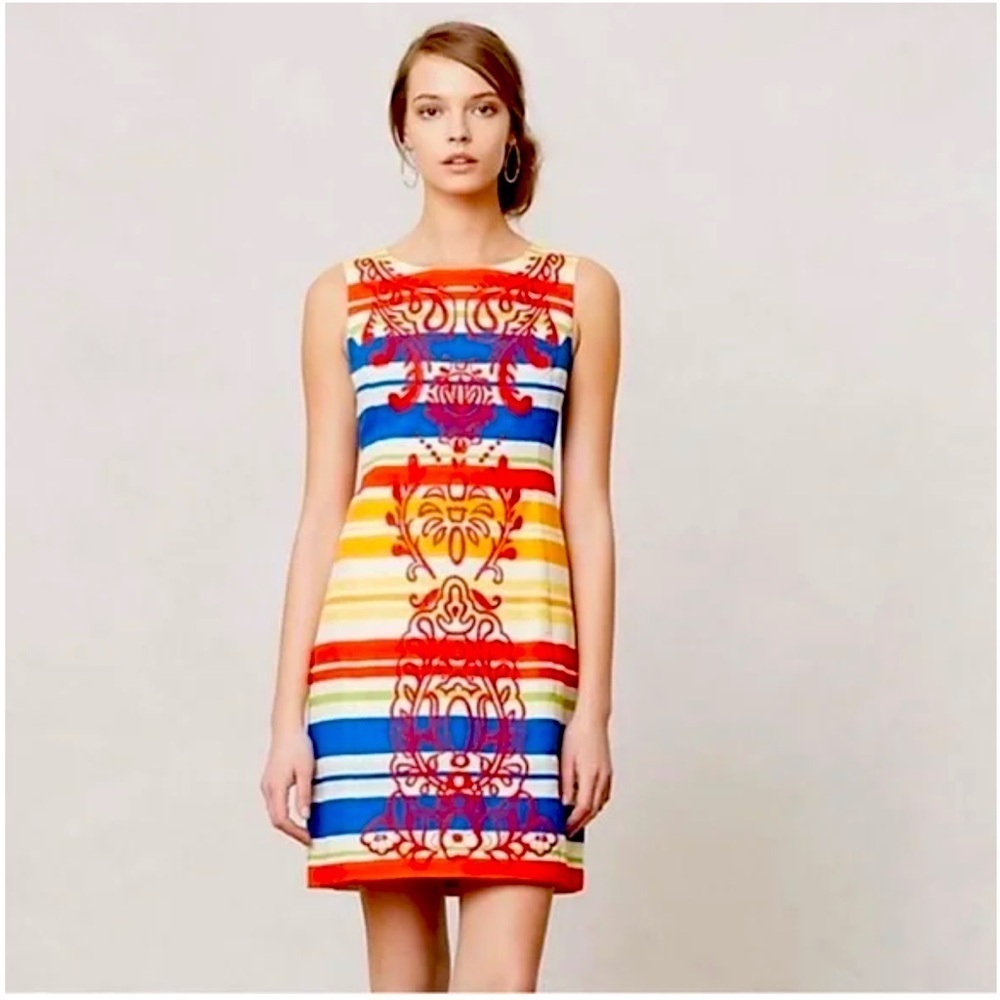 ANTHROPOLOGIE Tabitha Embroidered Striped Shift Dress Size 4 NEW